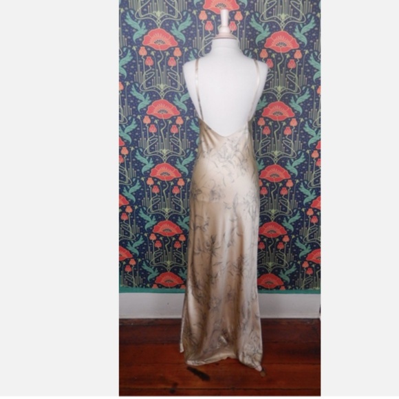 Beige Floral Satin Silk Plunge Back Maxi Slip Long Dress 8 - Picture 8 of 8